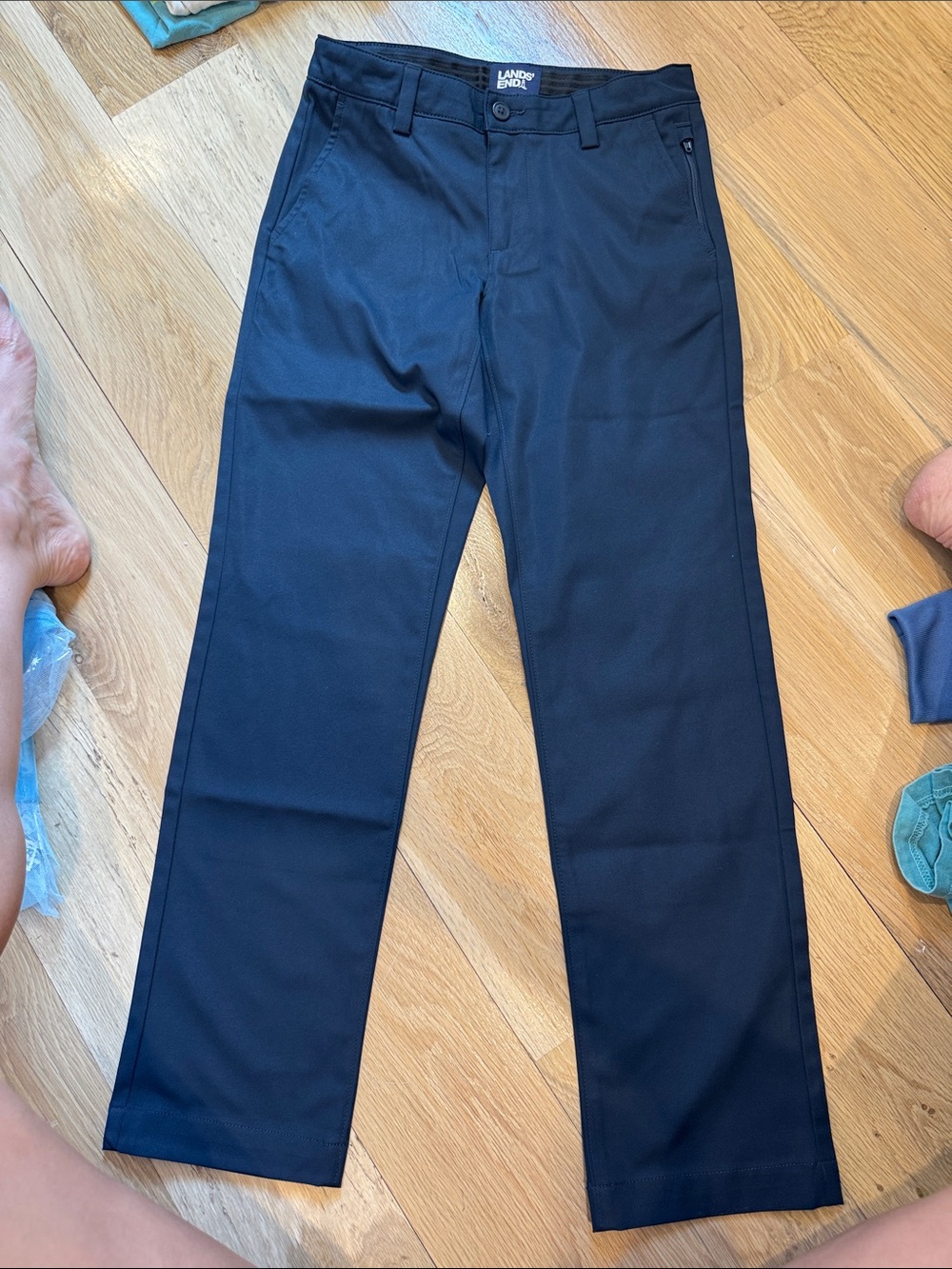 Lands' End girl’s Dark Navy Straight-Cut Chinos in performance fabric. NBW